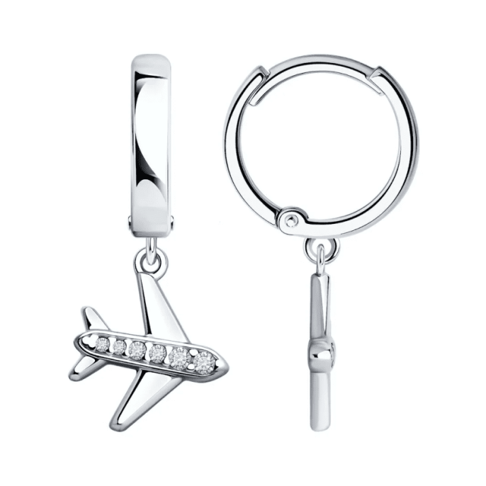 Серьги самолёт с фианитом из серебра