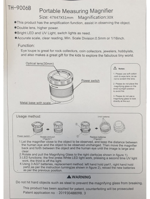 Лупа просмотровая металлическая 30x/27mm с подсветкой + UV со шкалой TH-9006B