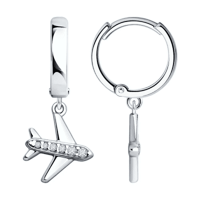 Серьги самолёт с фианитом из серебра