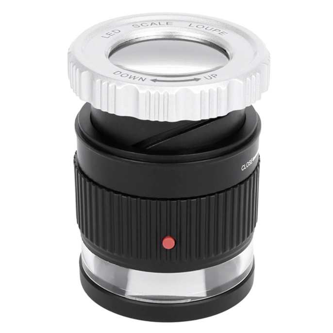 Лупа просмотровая металлическая 30x/27mm с подсветкой + UV со шкалой TH-9006B